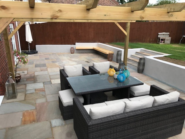 Sandstone pergola floating bench